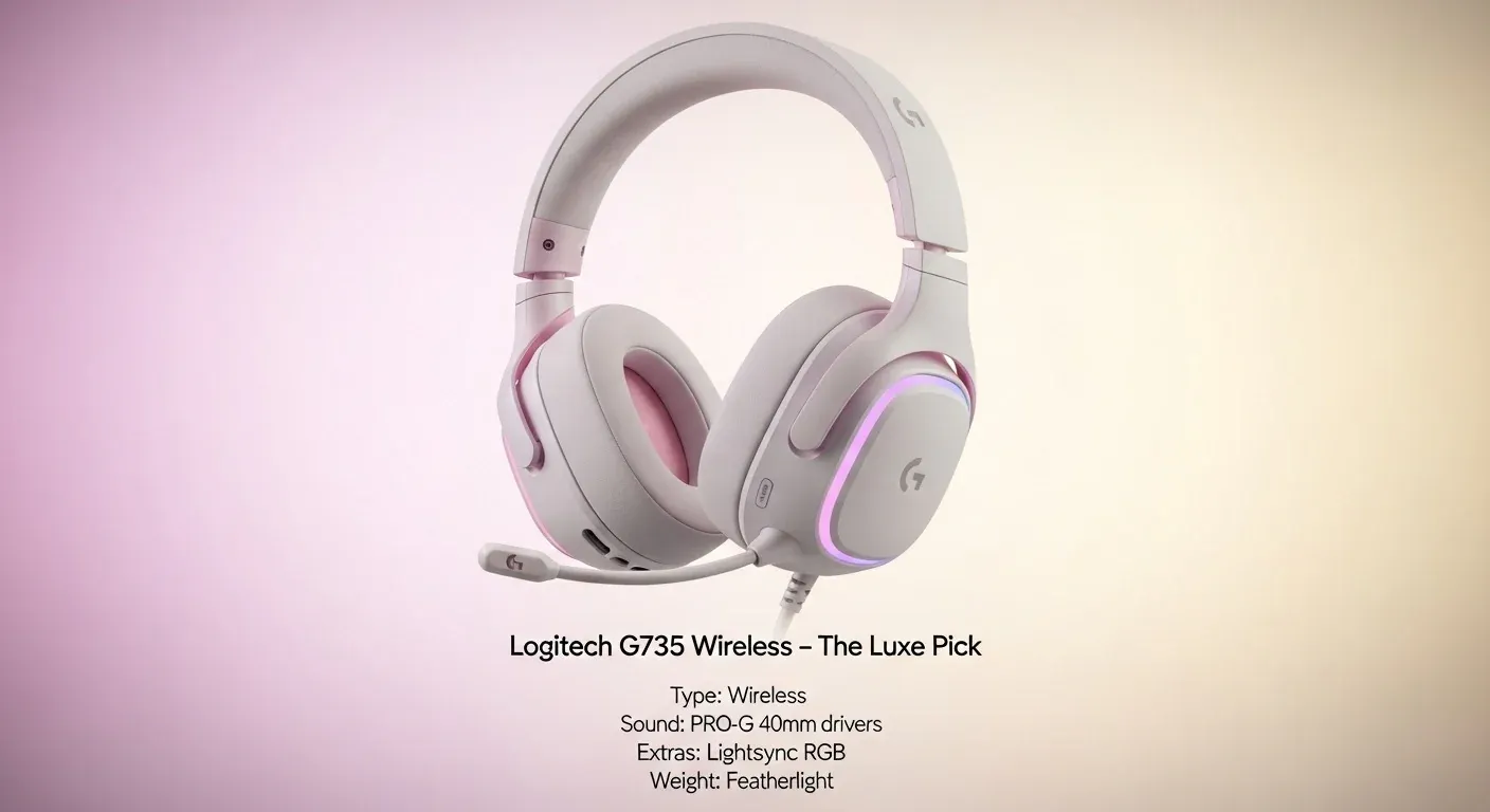 Logitech G735 wireless headset in a soft pink color.
