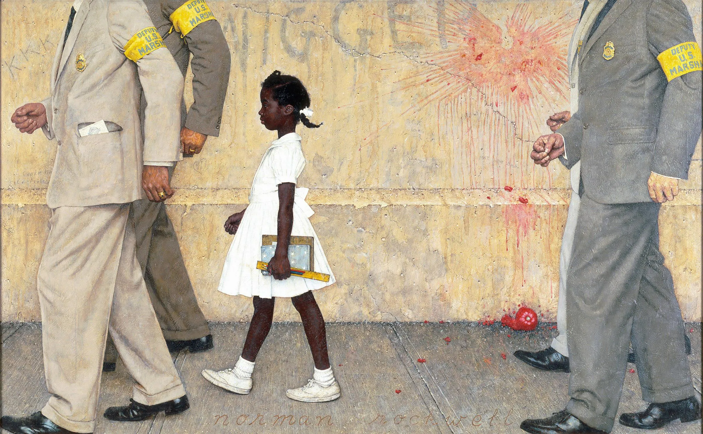 Norman Rockwell’s The Problem We All Live With depicts Bridges’ historic walk into William Frantz Elementary School. The scene is depicted at her height to highlight this experience from her perspective; slurs and tomatoes can be seen in the painting’s backdrop to highlight the discrimination she experienced at a young age.