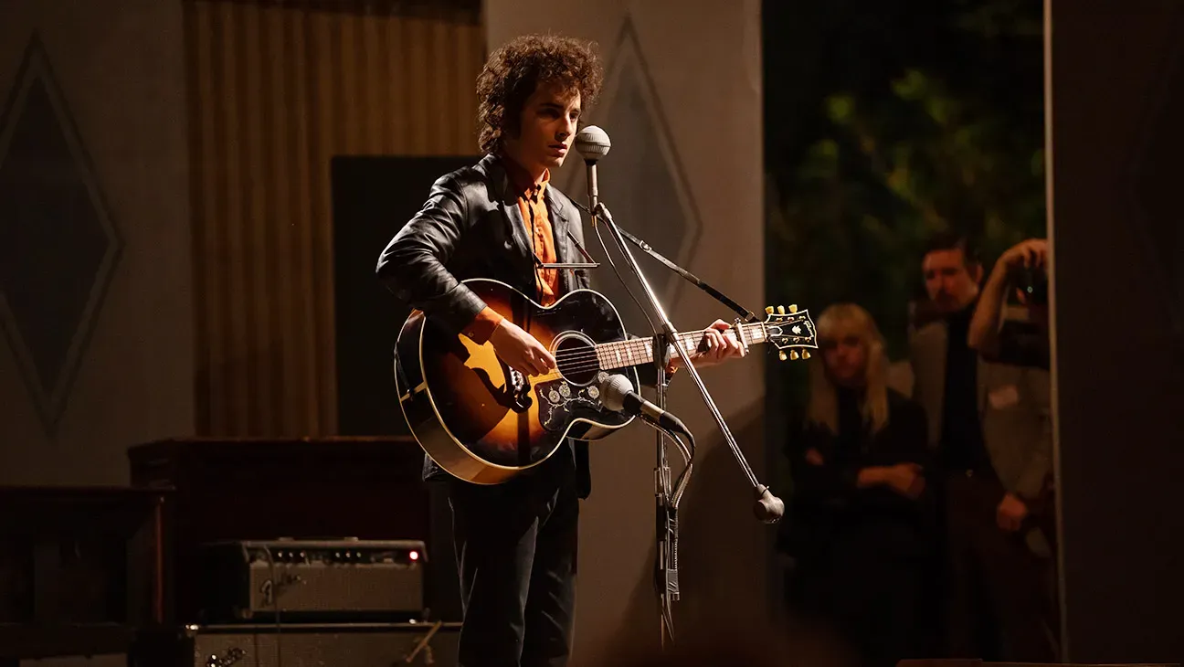 Timothée Chalamet as Bob Dylan in A Complete Unknown