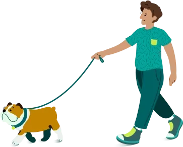 A man walking a dog along a scenic pathway with mountains in the background