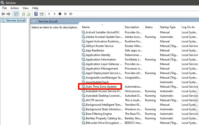 Auto Time Zone Update service properties with Local System account configuration
