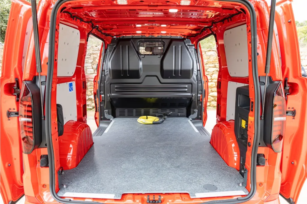 Interior cargo space of Volkswagen e-Transporter with LED lighting and power sockets