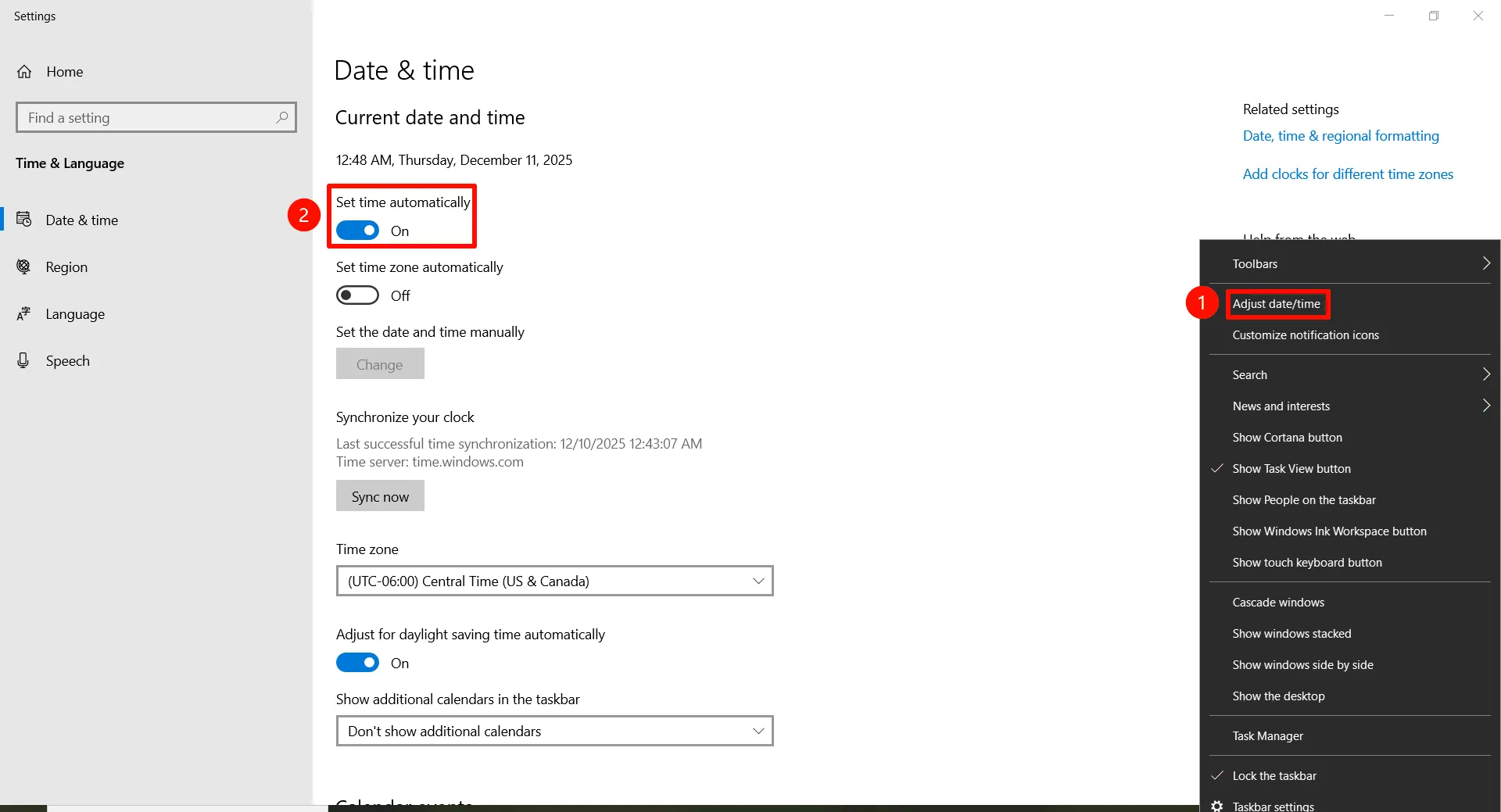 Windows Date & Time settings with automatic time synchronization enabled