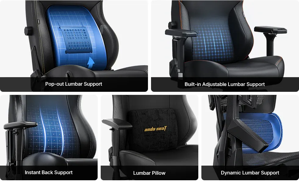 Close-up view of AndaSeat gaming chair lumbar support system showing adjustable built-in lumbar design