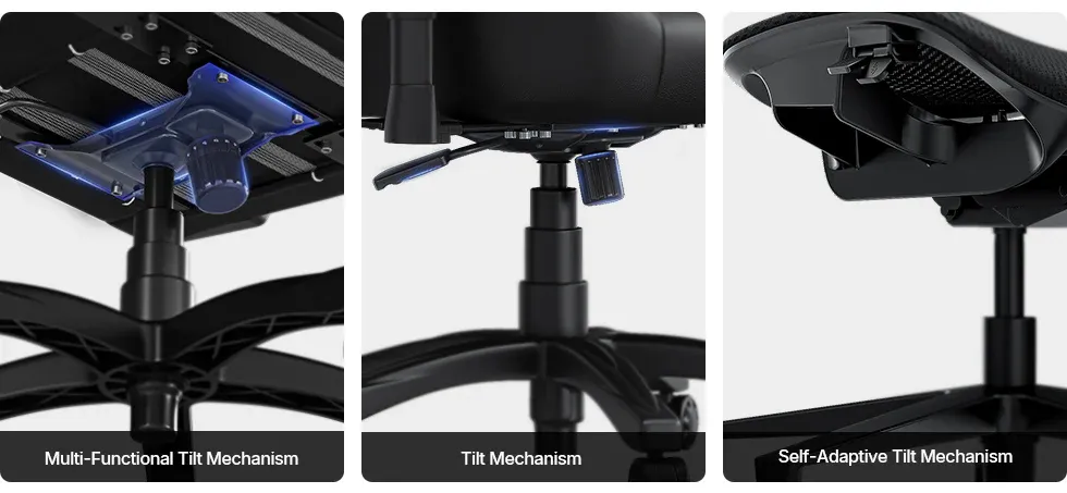 AndaSeat gaming chair tilt mechanism showing the self-adaptive recline system and tension adjustment controls