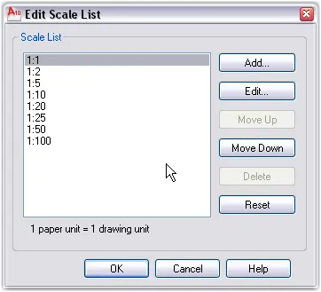 AutoCAD's Edit Scale List dialogue box