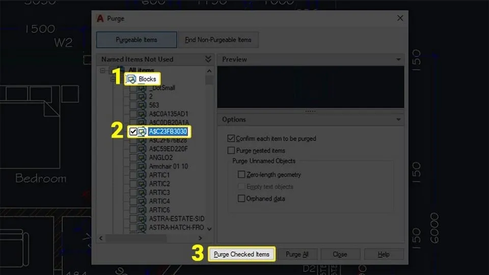 Selecting blocks to remove in Purge dialog