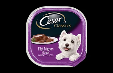 Cesar Classics Filet Mignon wet dog food tray with packaging details