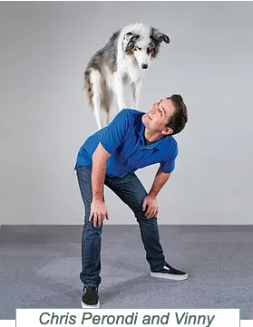 Chris Perondi performing a stunt with his trick dog Vinny, showcasing the advanced techniques taught in the book
