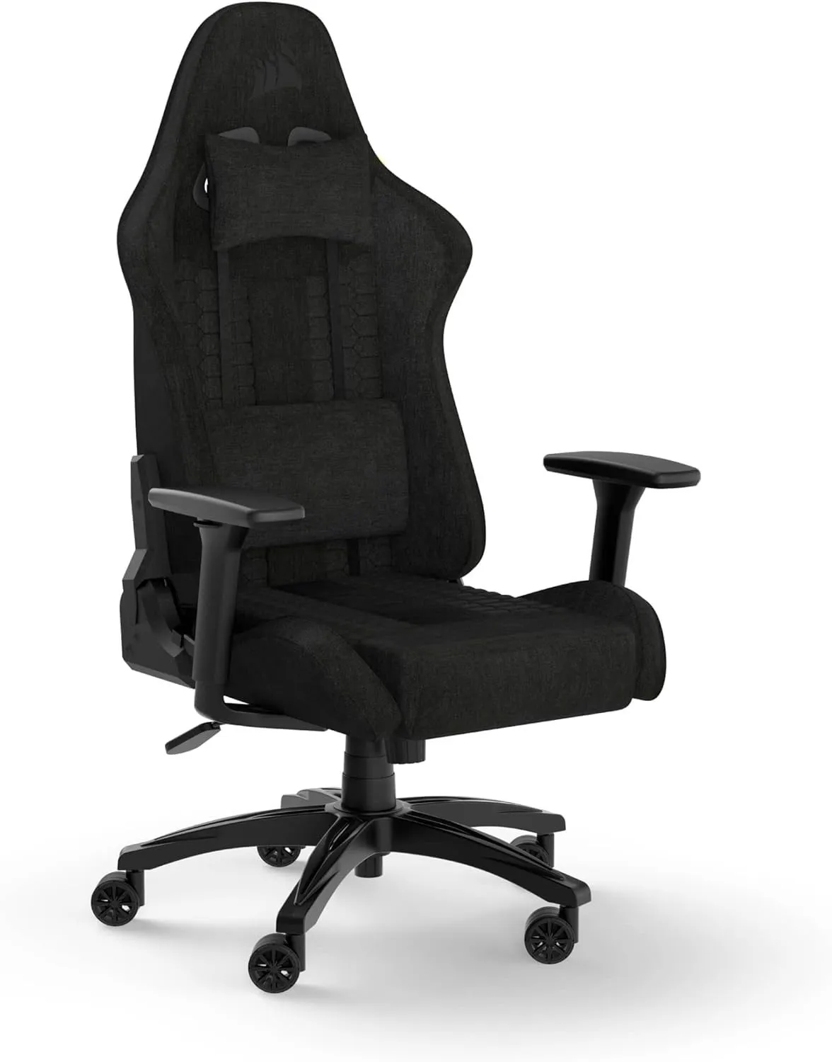 Corsair TC100 Relaxed Fabric Gaming Chair with a focus on its breathable fabric upholstery and spacious seat design