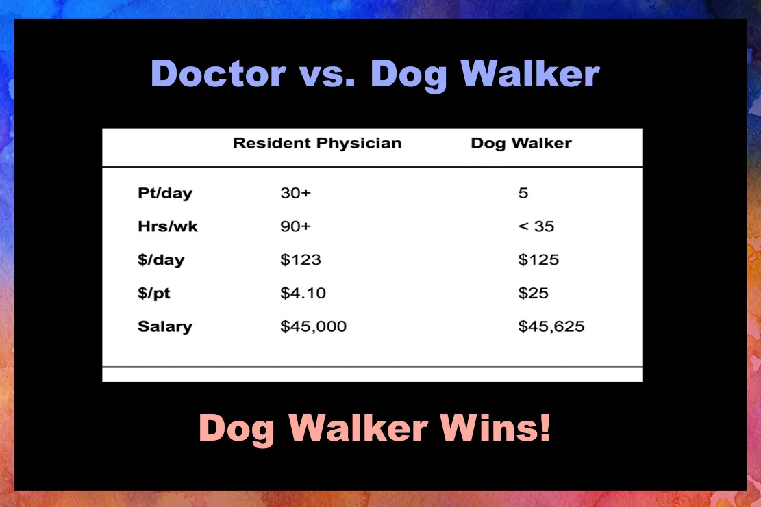 A graphic comparing a doctor's salary and hours to a dog walker's
