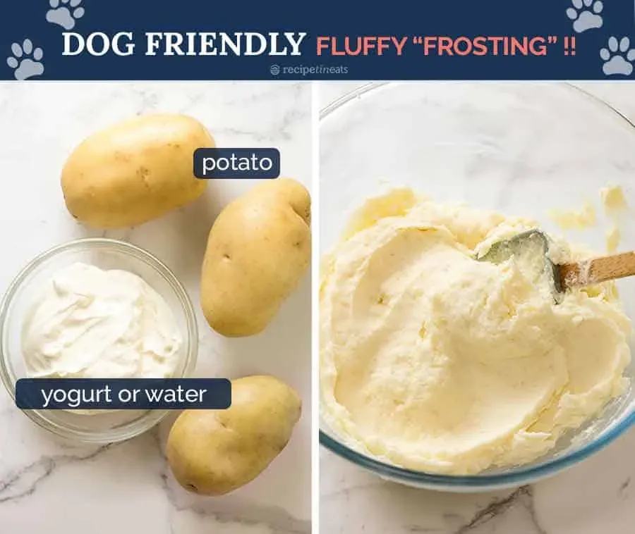 Fluffy whipped potato frosting being spread on a dog birthday cake layer, resembling real buttercream