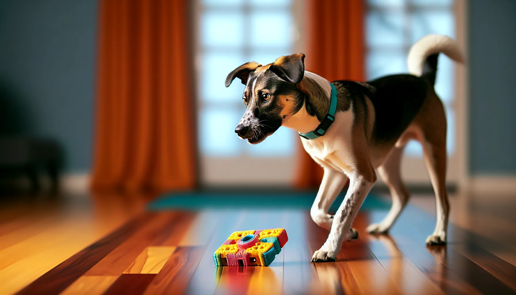 Dog playing with a stress-relief toy at home