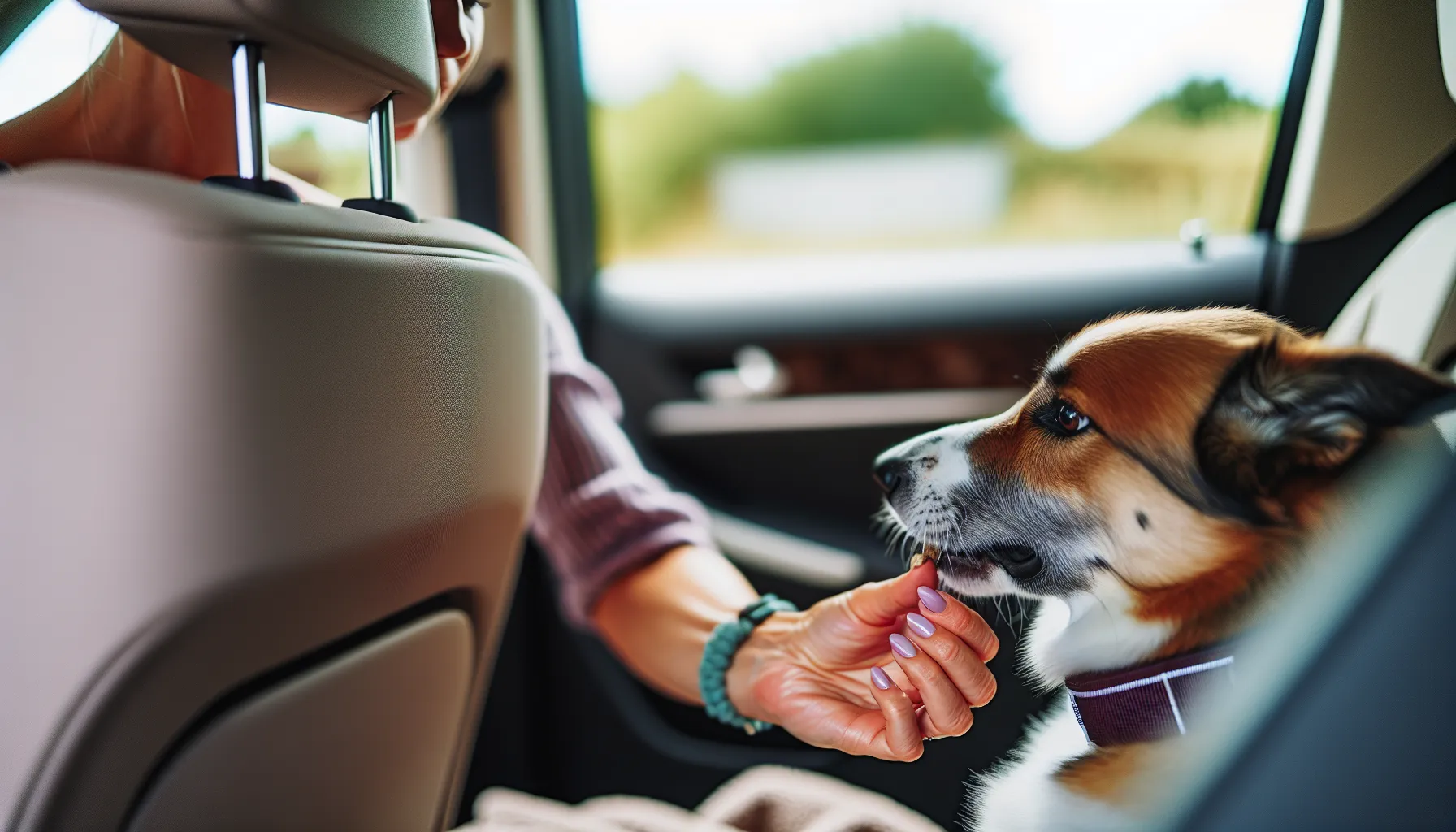 Dog looking anxious in a car during a trip