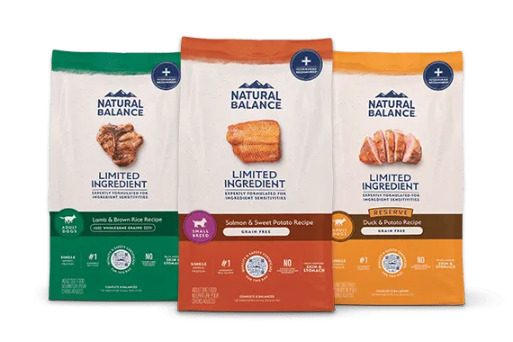 Natural Balance dog food packaging showing refreshed design and product variety