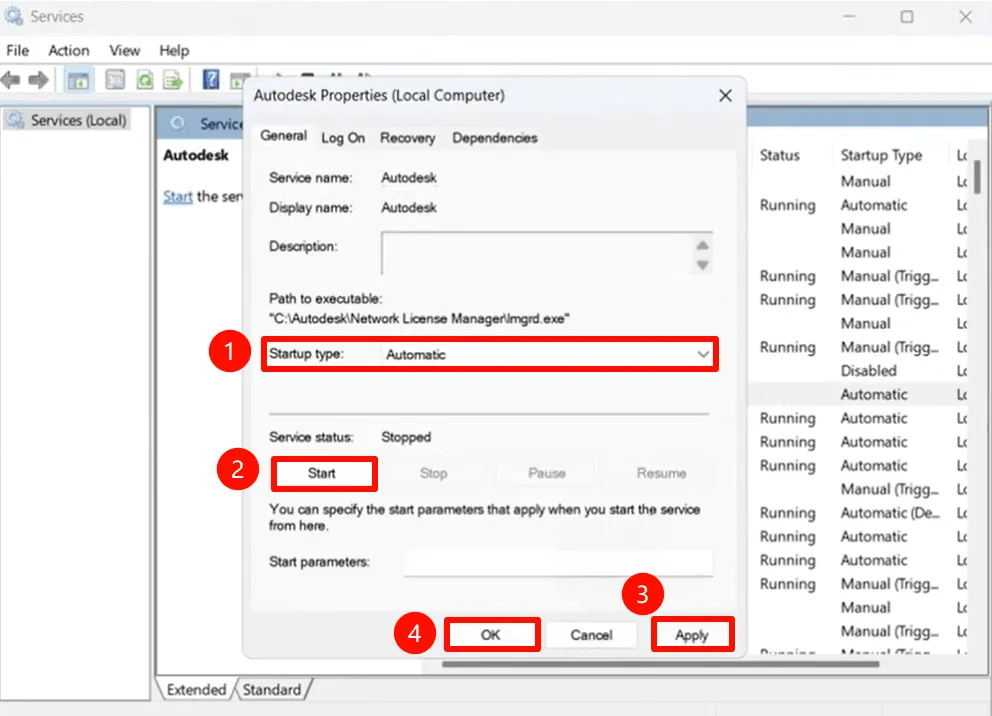 License service startup confirmation window with Apply and OK buttons highlighted