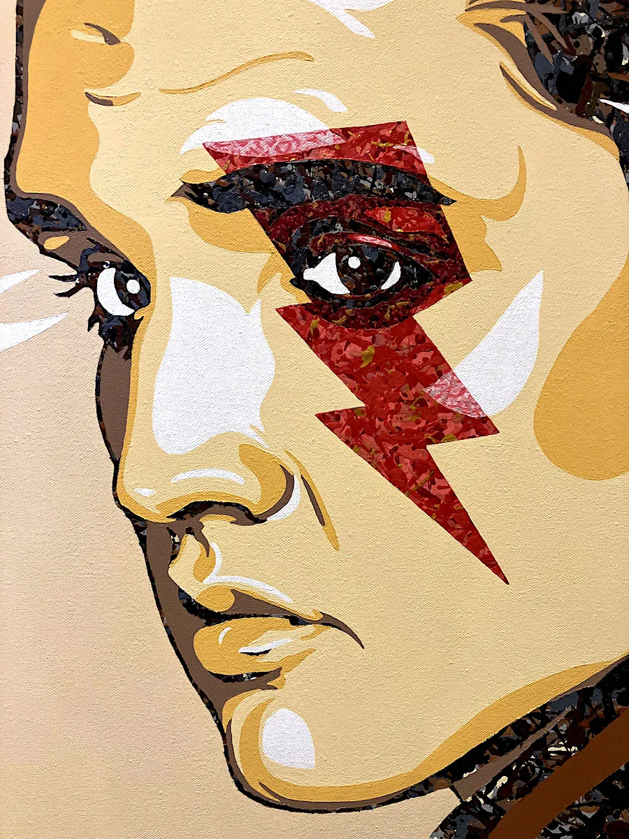 Close-up detail of the TCB lightning bolt on Kerwin Blackburn's Elvis Presley pop art painting