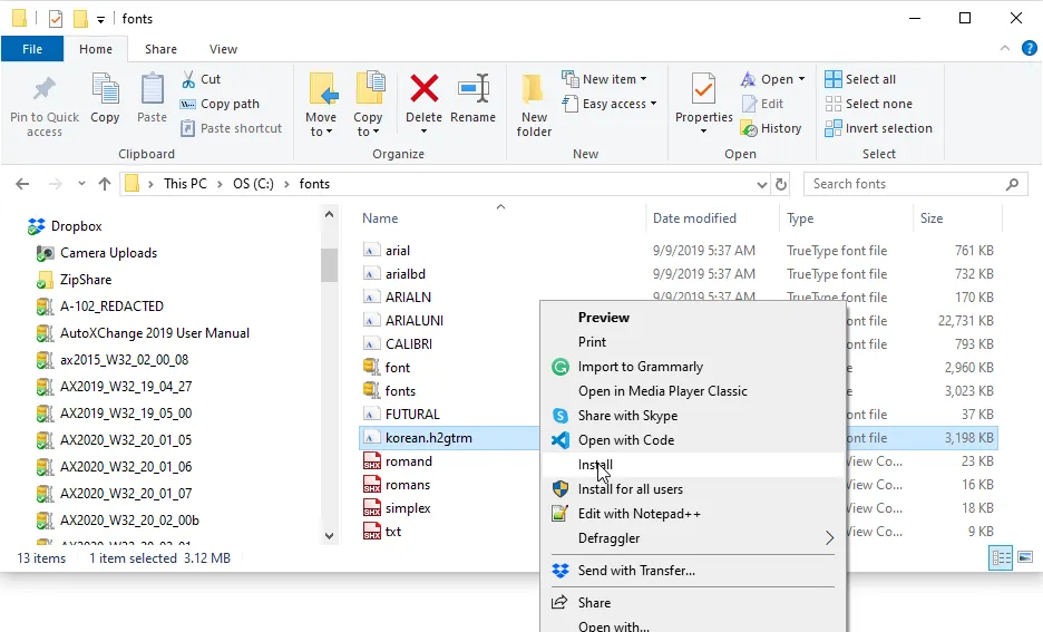 The Windows font installation dialog confirming the TrueType font is being added to the system