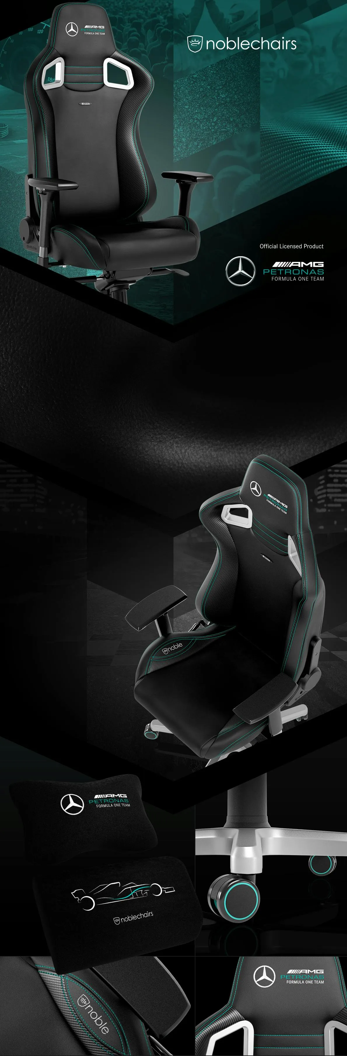 The Noblechairs EPIC Mercedes-AMG Petronas Formula One Team Edition gaming chair, showcasing its sleek design and F1-inspired accents.