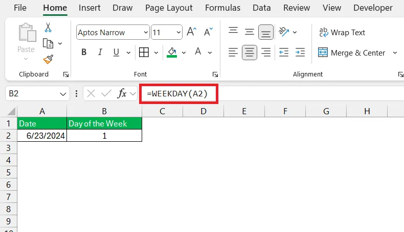 WEEKDAY function displaying numeric day values in Excel spreadsheet