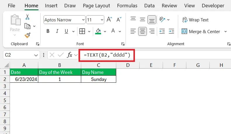 Excel TEXT function converting date to full weekday name Sunday