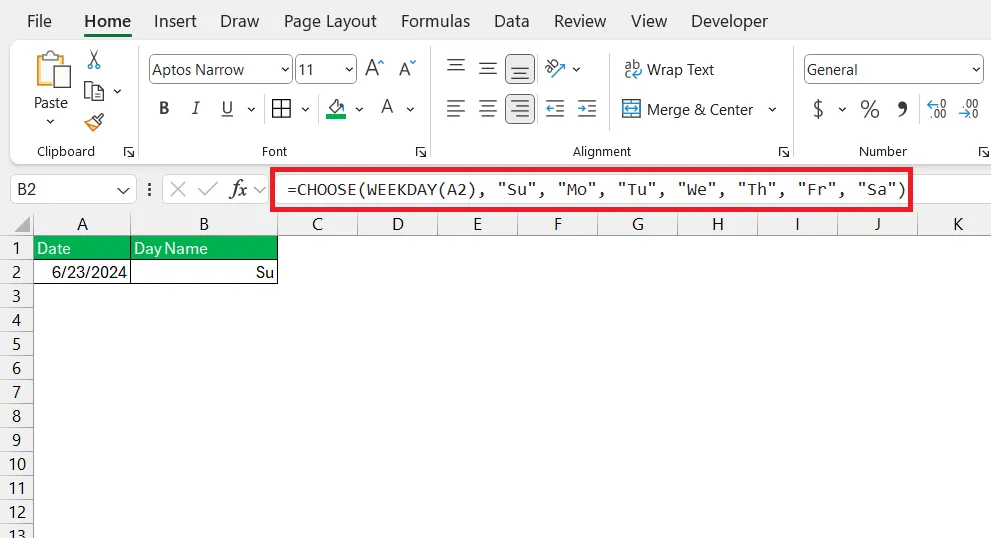CHOOSE and WEEKDAY functions creating custom two-letter day abbreviations