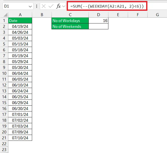 SUMPRODUCT formula counting workdays in a date range
