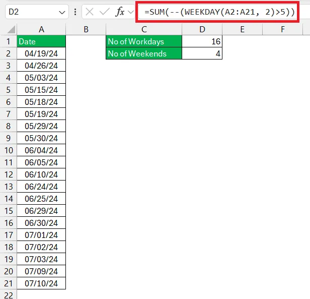 Formula counting weekends using SUMPRODUCT and WEEKDAY functions