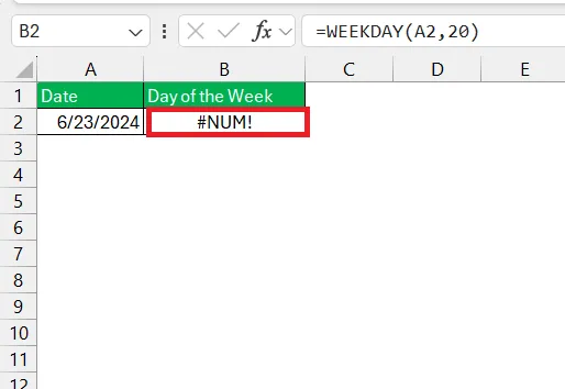 Excel #NUM error when return type is invalid in WEEKDAY function