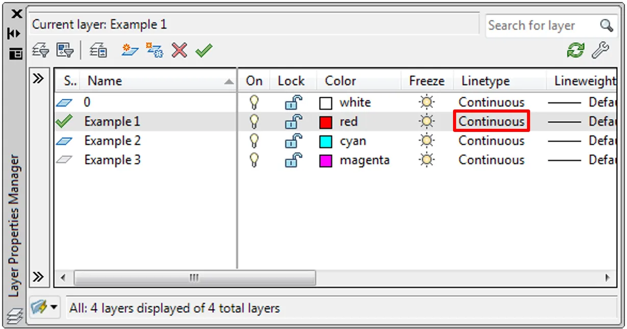 Layer Properties Manager interface showing list of layers and their associated properties