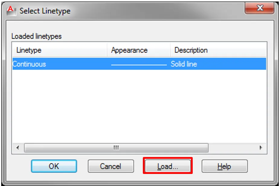 Select Linetype dialog box with Load button highlighted