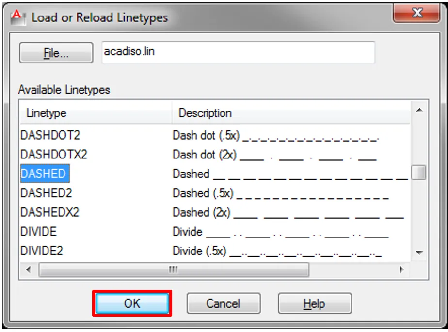 Load or Reload Linetypes dialog showing a list of linetype options like HIDDEN and CENTER