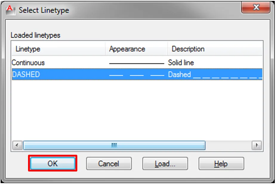 Layer Properties Manager with a layer now assigned to a new, non-continuous linetype