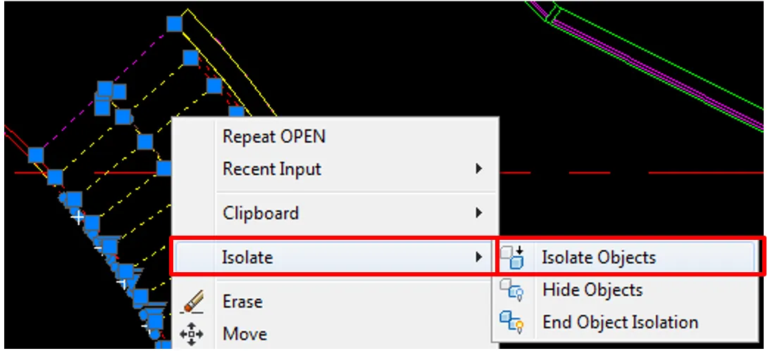 Context menu in AutoCAD showing the Isolate option with Isolate Objects highlighted