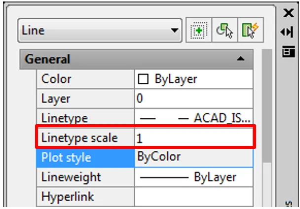 Properties palette with Linetype scale field highlighted for adjustment