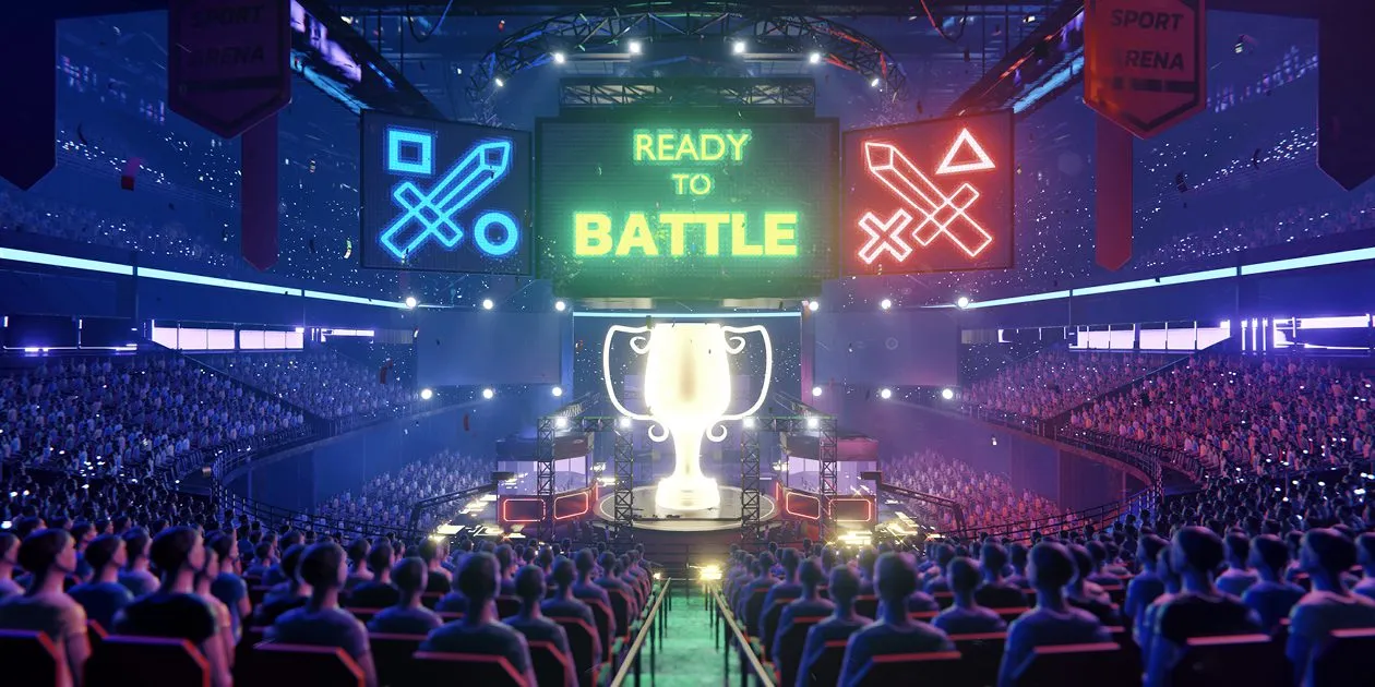Huge gaming competition in a stadium with a large audience watching the main screen