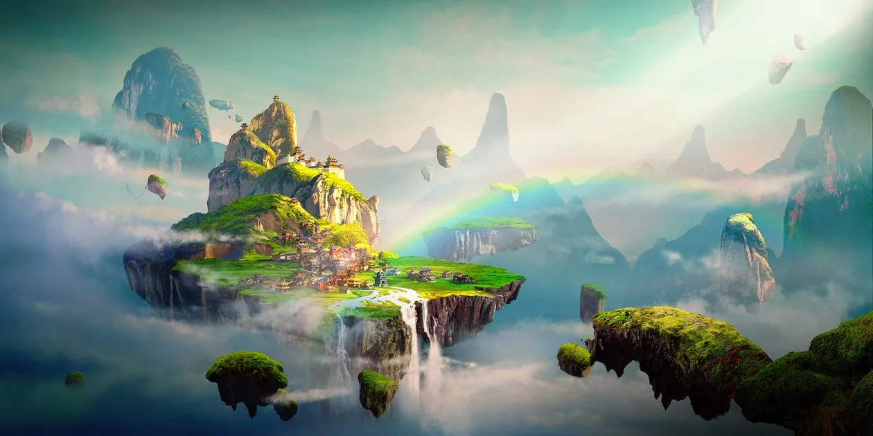 A fantasy island floating in the sky, surrounded by mountainous rocky terrain and ethereal clouds