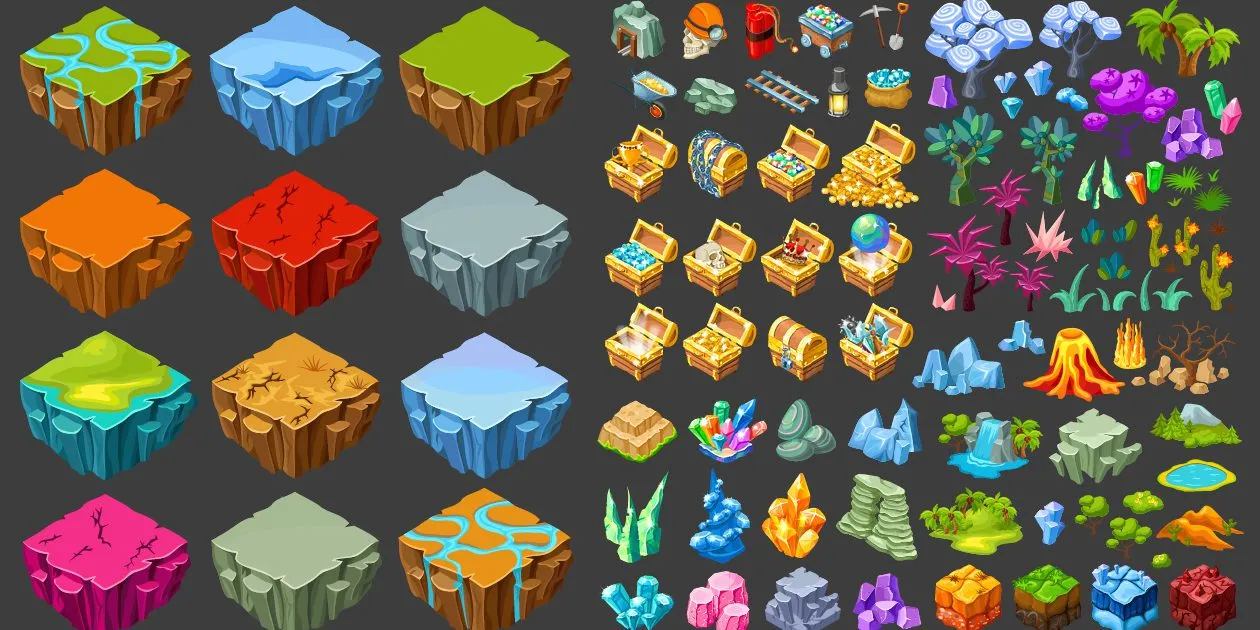 Set of isometric game reward icons including gems, coins, and treasure chests on a stylized landscape