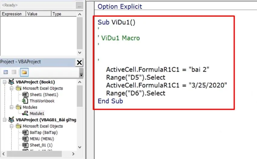 Visual Basic Editor window displaying a macro structure with Sub declaration, comments, and code body