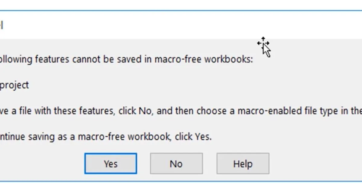 Excel warning dialog indicating that a file with macros cannot be saved as a macro-free workbook