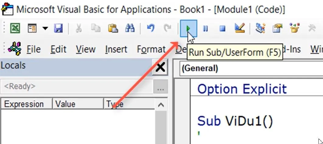 VBA toolbar with the Run button highlighted, showing the green triangle icon for macro execution