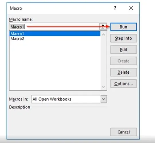 Macro dialog box in Excel showing a list of available macros with Run, Cancel, and Step Into buttons