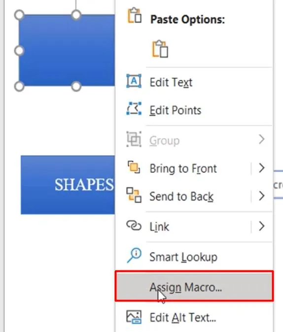 Insert tab in Excel with Shapes dropdown menu open, showing various shape options for macro assignment