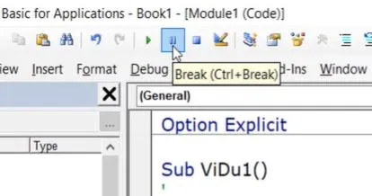 VBA toolbar with Break and Reset buttons highlighted for controlling macro execution
