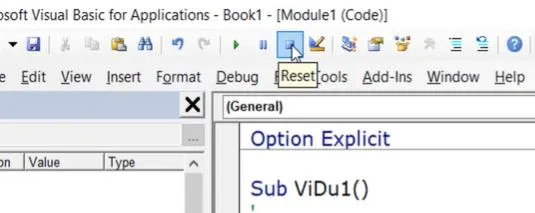 Reset button in VBA toolbar shown next to Break button for macro control