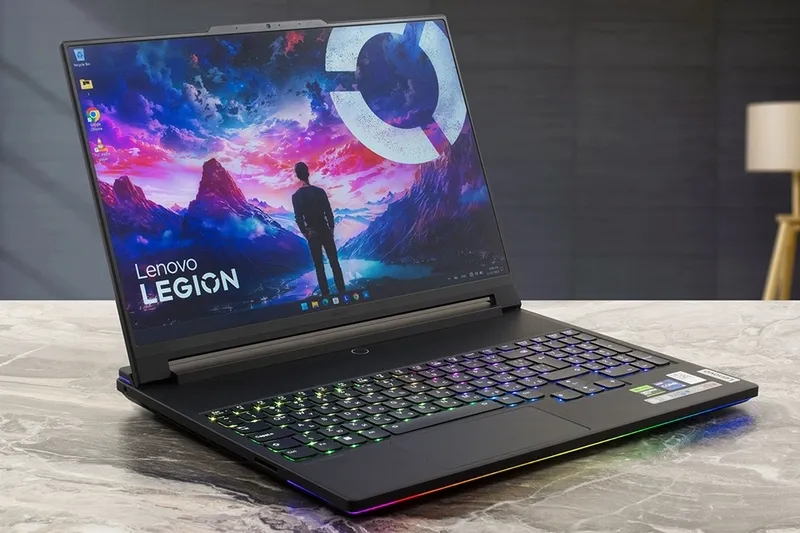 Lenovo Legion 9 16IRX9 gaming laptop with its screen displaying a vibrant game scene, highlighting the Mini LED display quality