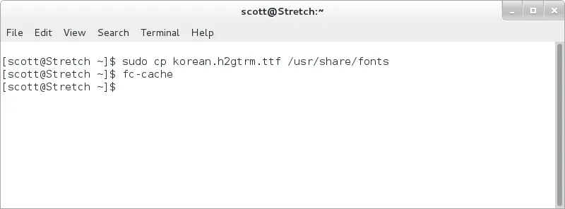 Terminal session showing the cp command to move a TTF file to /usr/share/fonts and the subsequent fc-cache command to update the font system