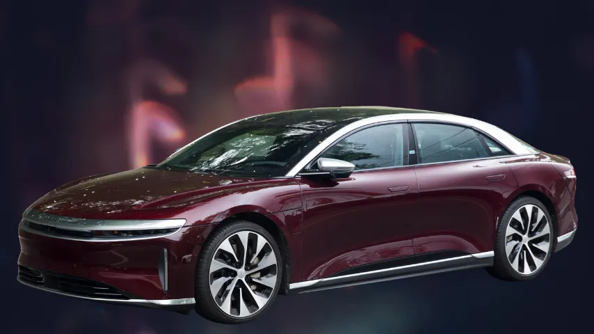 Lucid Air Grand Touring in Zenith Red, showcasing its sleek aerodynamic sedan body