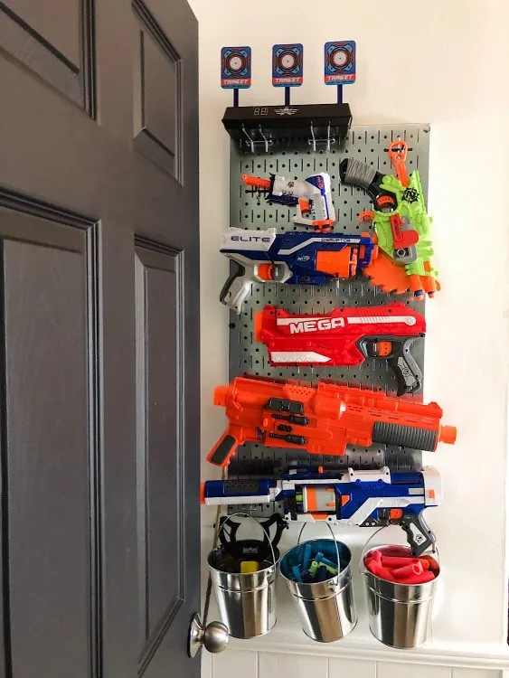 Nerf gun metal pegboard wall for teen room