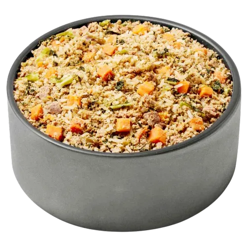 Fresh JustFoodForDogs Chicken and Rice recipe packaging showing nutrient-dense whole food ingredients